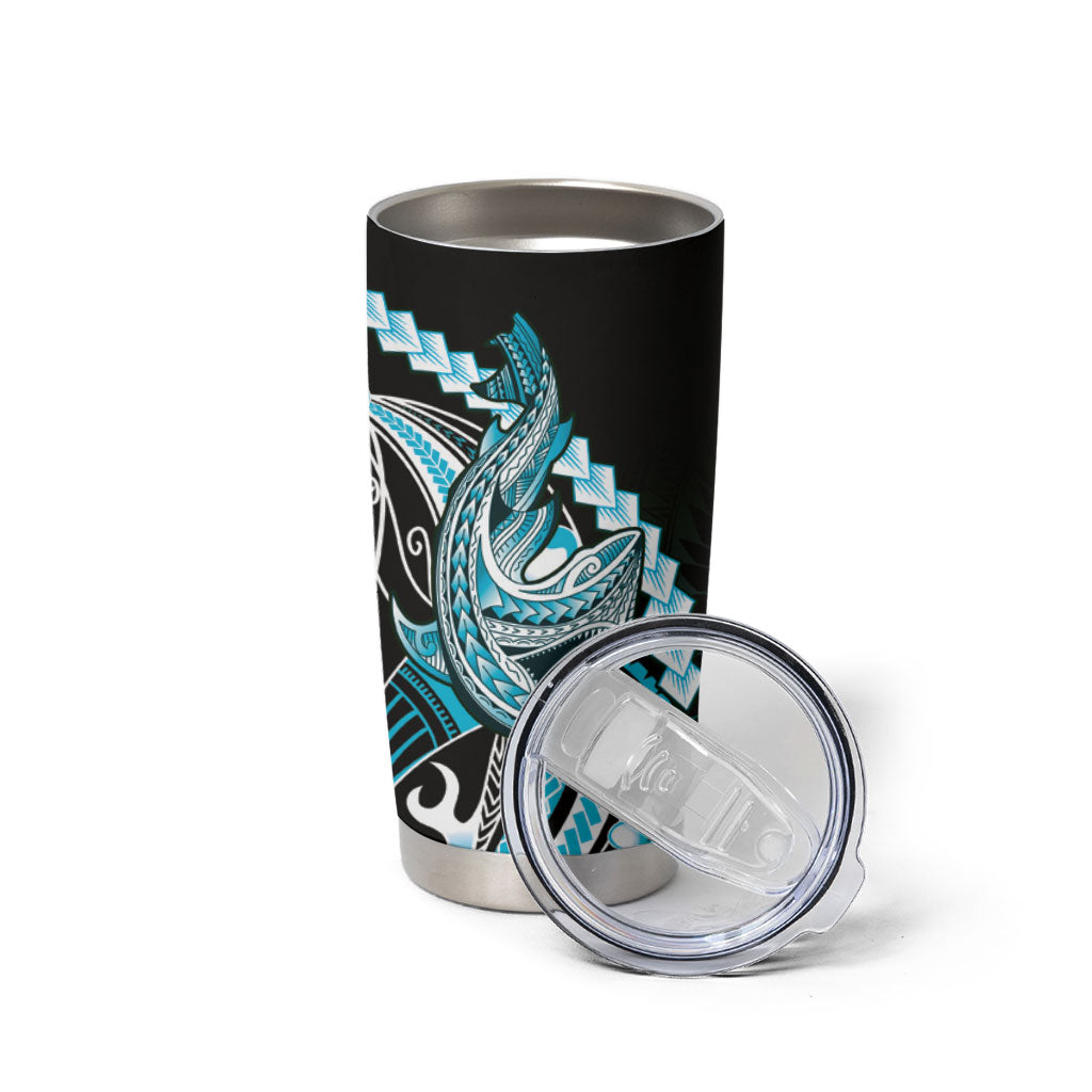 Blue Black Aloha Hawaii Tumbler Cup Polynesian Shark Tattoo Plumeria LT14 - Polynesian Pride