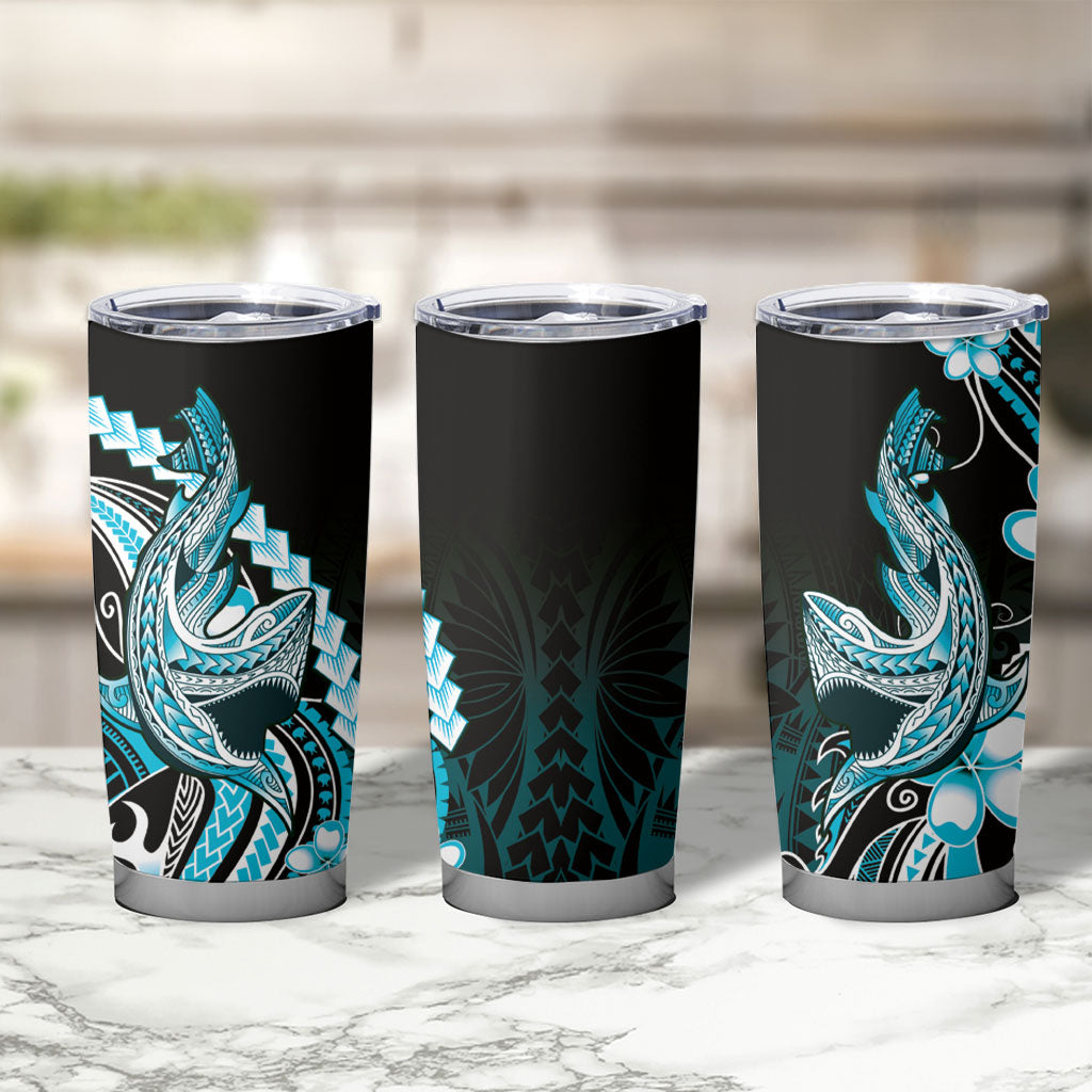 Blue Black Aloha Hawaii Tumbler Cup Polynesian Shark Tattoo Plumeria LT14 - Polynesian Pride