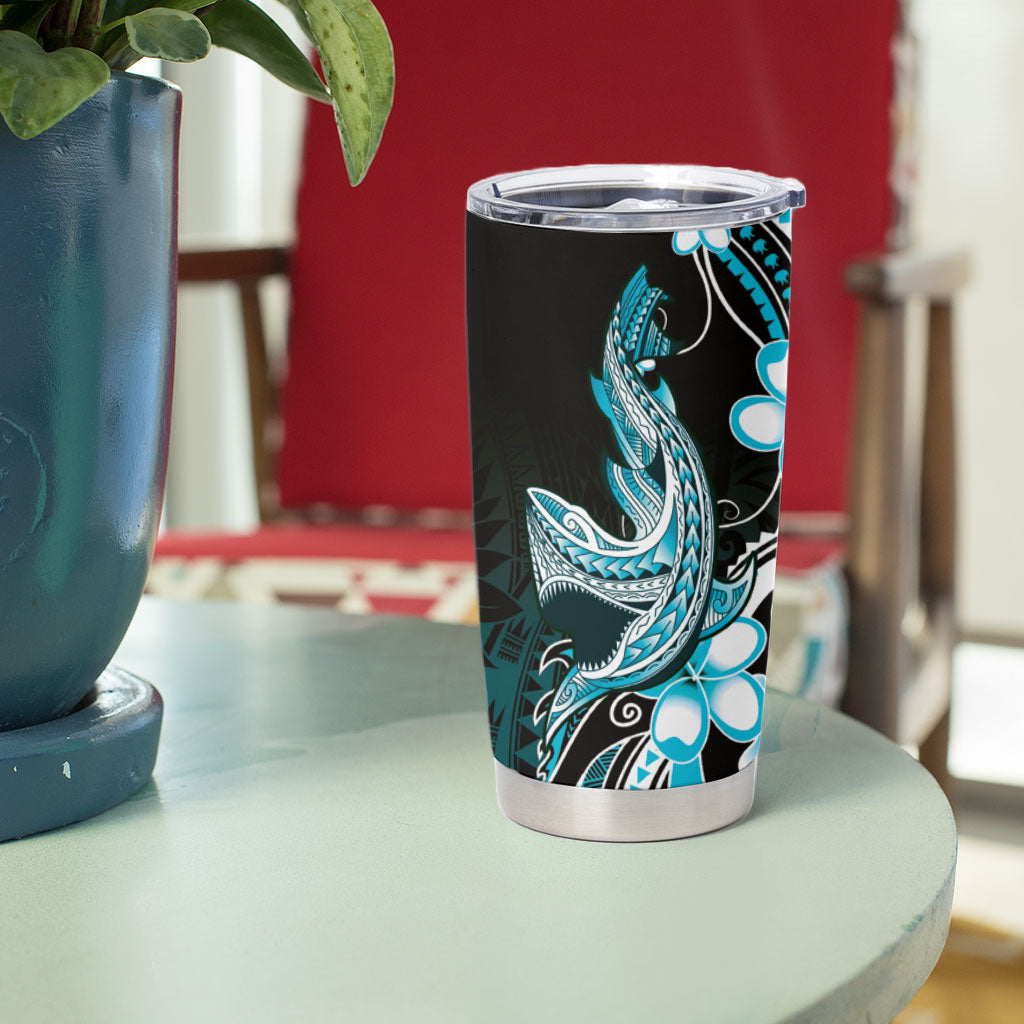 Blue Black Aloha Hawaii Tumbler Cup Polynesian Shark Tattoo Plumeria LT14 - Polynesian Pride