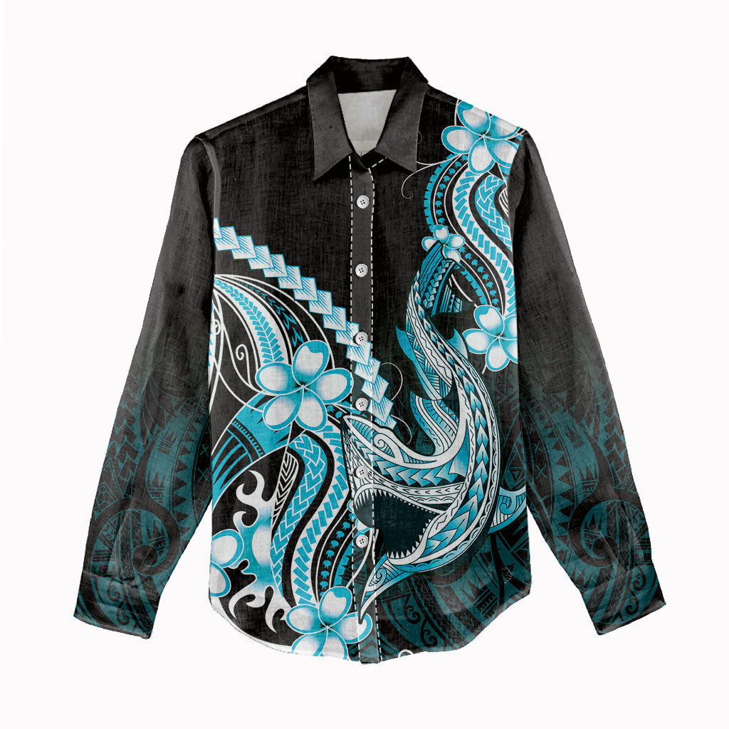 Blue Black Aloha Hawaii Women Casual Shirt Polynesian Shark Tattoo Plumeria LT14 - Polynesian Pride