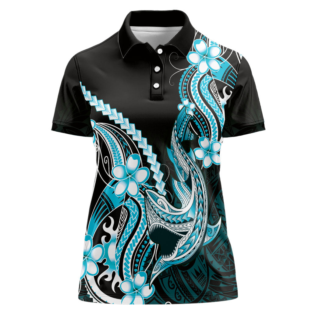 Blue Black Aloha Hawaii Women Polo Shirt Polynesian Shark Tattoo Plumeria LT14 Female Blue - Polynesian Pride