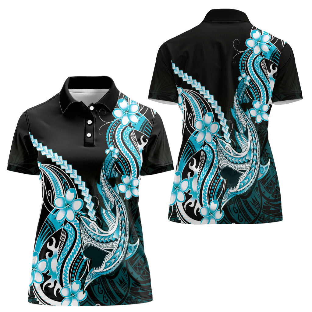 Blue Black Aloha Hawaii Women Polo Shirt Polynesian Shark Tattoo Plumeria LT14 - Polynesian Pride