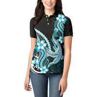 Blue Black Aloha Hawaii Women Polo Shirt Polynesian Shark Tattoo Plumeria LT14 - Polynesian Pride