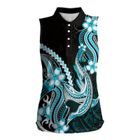 Blue Black Aloha Hawaii Women Sleeveless Polo Shirt Polynesian Shark Tattoo Plumeria LT14 Female Blue - Polynesian Pride