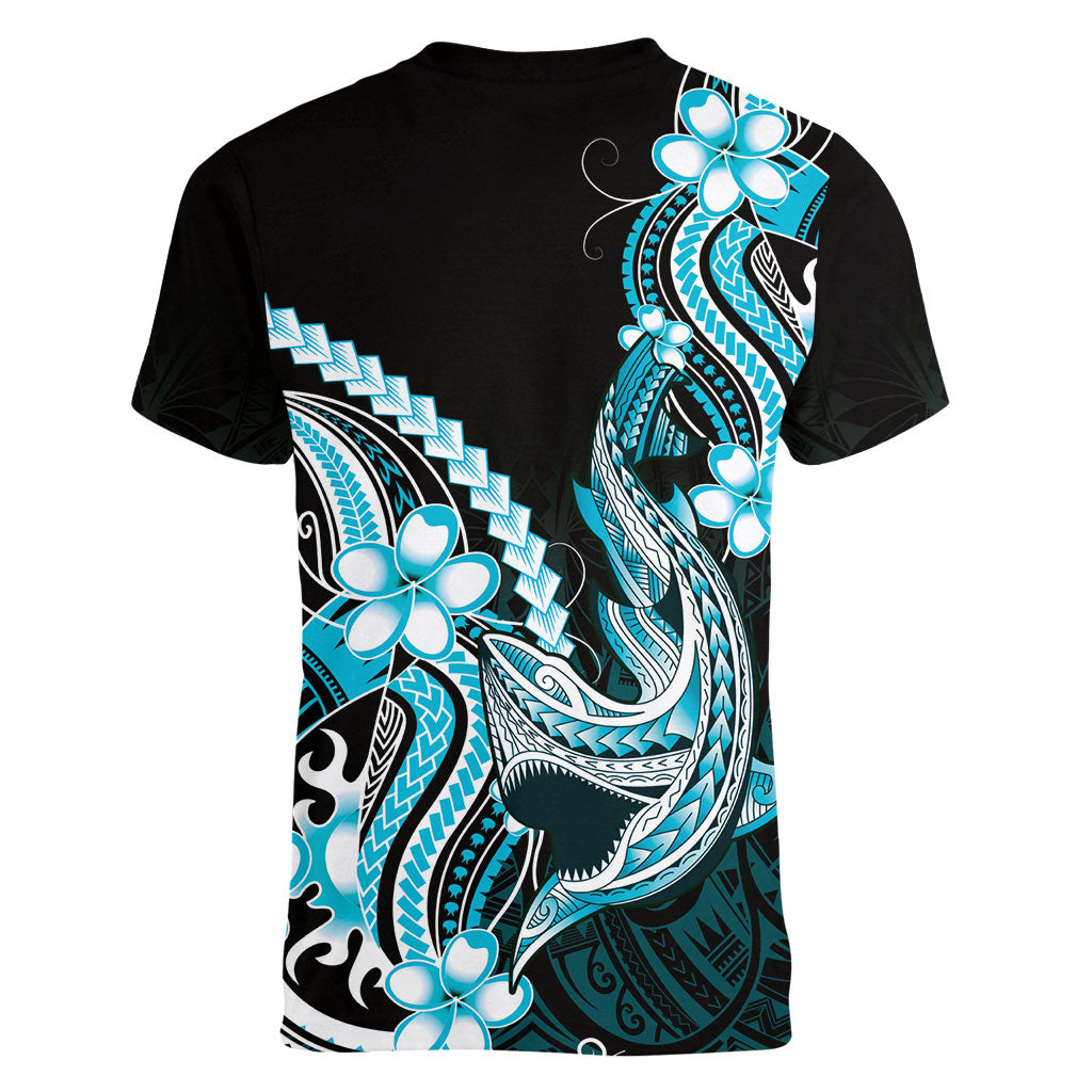 Blue Black Aloha Hawaii Women V-Neck T-Shirt Polynesian Shark Tattoo Plumeria LT14 - Polynesian Pride