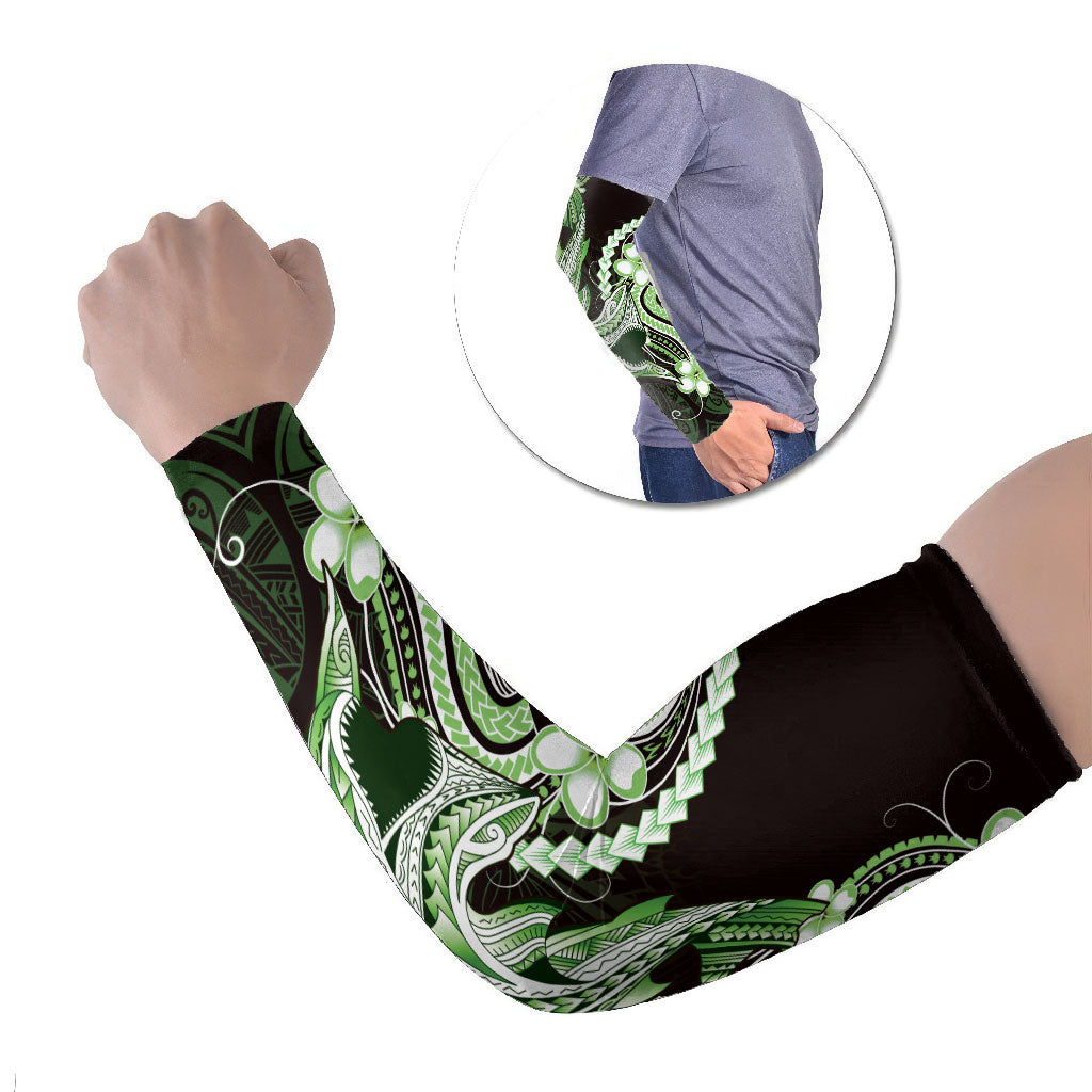 Green Black Aloha Hawaii Arm Sleeves Polynesian Shark Tattoo Plumeria LT14 Set of 2 Green - Polynesian Pride