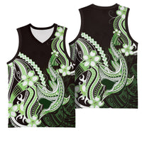 Green Black Aloha Hawaii Basketball Jersey Polynesian Shark Tattoo Plumeria