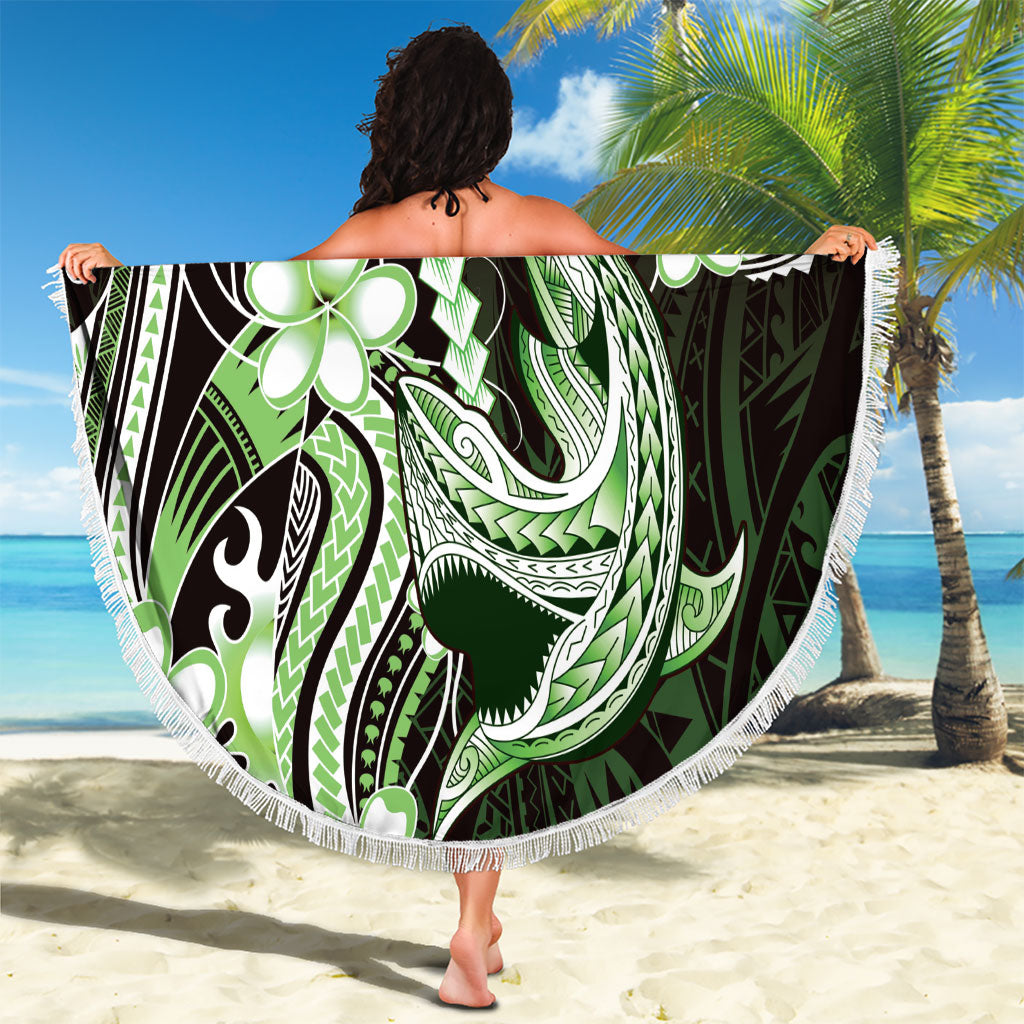 Green Black Aloha Hawaii Beach Blanket Polynesian Shark Tattoo Plumeria