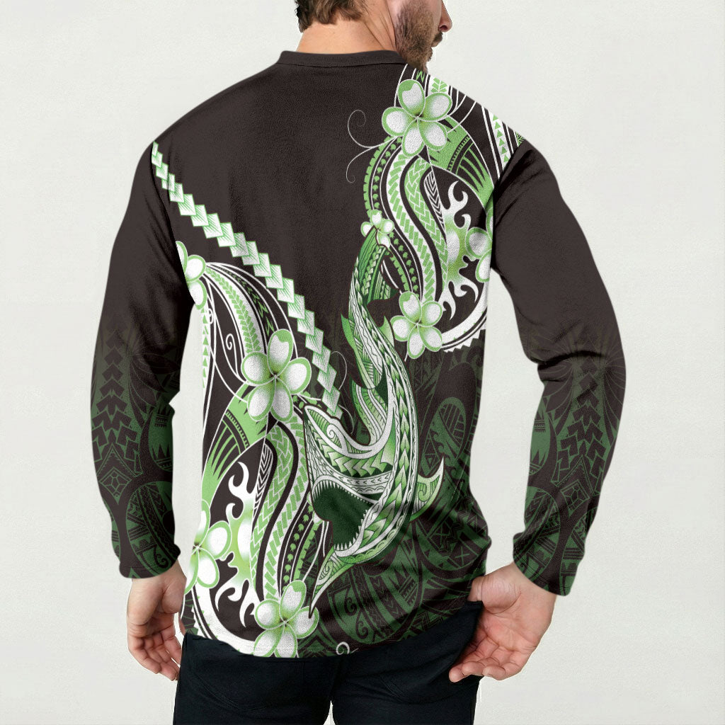Green Black Aloha Hawaii Button Sweatshirt Polynesian Shark Tattoo Plumeria