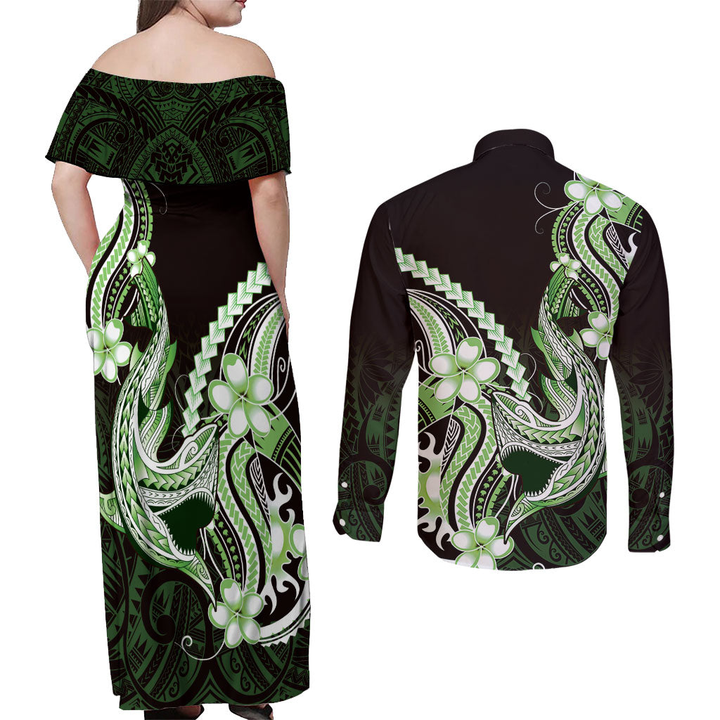 Green Black Aloha Hawaii Couples Matching Off Shoulder Maxi Dress and Long Sleeve Button Shirt Polynesian Shark Tattoo Plumeria LT14 - Polynesian Pride