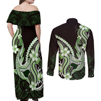 Green Black Aloha Hawaii Couples Matching Off Shoulder Maxi Dress and Long Sleeve Button Shirt Polynesian Shark Tattoo Plumeria LT14 - Polynesian Pride