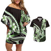 Green Black Aloha Hawaii Couples Matching Off Shoulder Short Dress and Hawaiian Shirt Polynesian Shark Tattoo Plumeria LT14 Green - Polynesian Pride