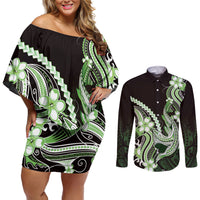 Green Black Aloha Hawaii Couples Matching Off Shoulder Short Dress and Long Sleeve Button Shirt Polynesian Shark Tattoo Plumeria LT14 Green - Polynesian Pride