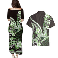 Green Black Aloha Hawaii Couples Matching Puletasi and Hawaiian Shirt Polynesian Shark Tattoo Plumeria LT14 - Polynesian Pride