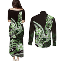 Green Black Aloha Hawaii Couples Matching Puletasi and Long Sleeve Button Shirt Polynesian Shark Tattoo Plumeria LT14 - Polynesian Pride
