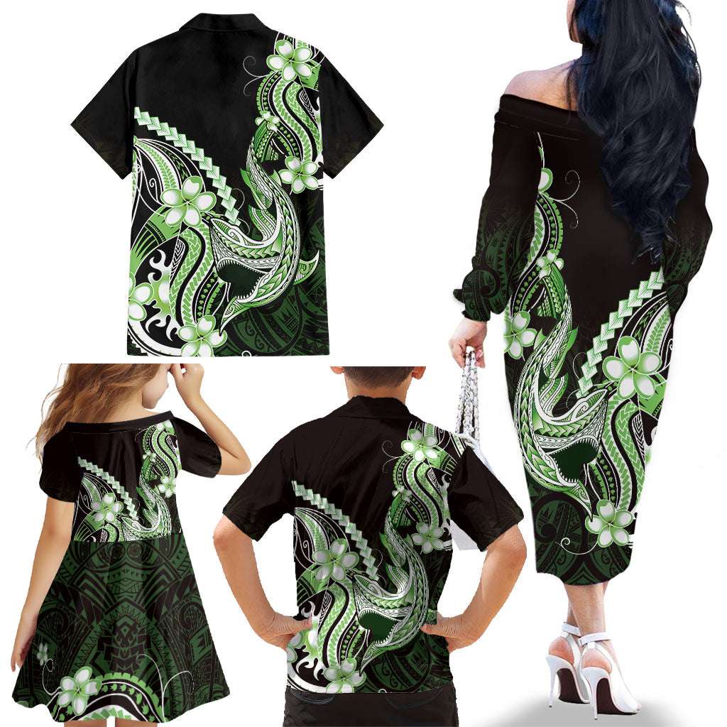 Green Black Aloha Hawaii Family Matching Off The Shoulder Long Sleeve Dress and Hawaiian Shirt Polynesian Shark Tattoo Plumeria LT14 - Polynesian Pride