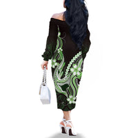 Green Black Aloha Hawaii Family Matching Off The Shoulder Long Sleeve Dress and Hawaiian Shirt Polynesian Shark Tattoo Plumeria LT14 - Polynesian Pride