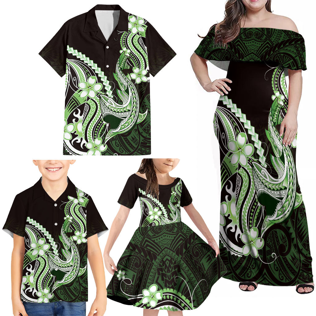 Green Black Aloha Hawaii Family Matching Off Shoulder Maxi Dress and Hawaiian Shirt Polynesian Shark Tattoo Plumeria LT14 - Polynesian Pride
