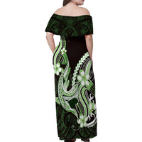 Green Black Aloha Hawaii Family Matching Off Shoulder Maxi Dress and Hawaiian Shirt Polynesian Shark Tattoo Plumeria LT14 - Polynesian Pride