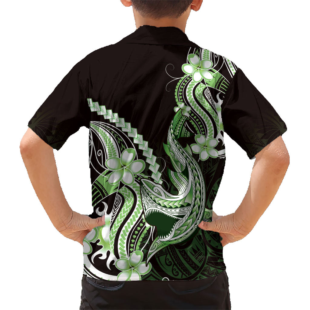 Green Black Aloha Hawaii Family Matching Off Shoulder Short Dress and Hawaiian Shirt Polynesian Shark Tattoo Plumeria LT14 - Polynesian Pride