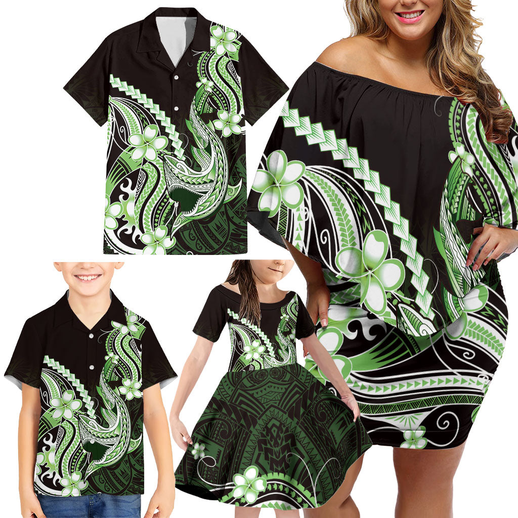 Green Black Aloha Hawaii Family Matching Off Shoulder Short Dress and Hawaiian Shirt Polynesian Shark Tattoo Plumeria LT14 - Polynesian Pride