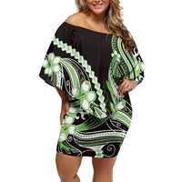 Green Black Aloha Hawaii Family Matching Off Shoulder Short Dress and Hawaiian Shirt Polynesian Shark Tattoo Plumeria LT14 Mom's Dress Green - Polynesian Pride