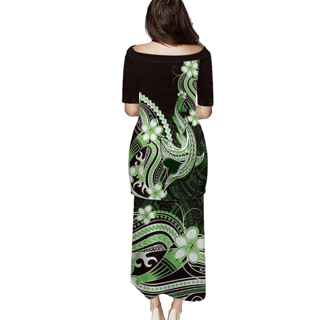 Green Black Aloha Hawaii Family Matching Puletasi and Hawaiian Shirt Polynesian Shark Tattoo Plumeria LT14 - Polynesian Pride