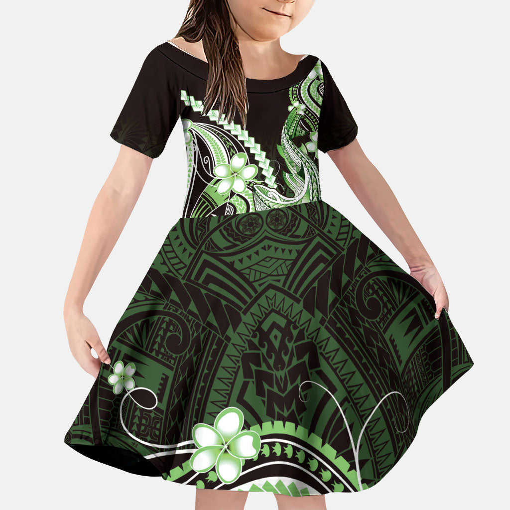 Green Black Aloha Hawaii Family Matching Short Sleeve Bodycon Dress and Hawaiian Shirt Polynesian Shark Tattoo Plumeria LT14 Daughter's Dress Green - Polynesian Pride
