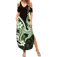 Green Black Aloha Hawaii Family Matching Summer Maxi Dress and Hawaiian Shirt Polynesian Shark Tattoo Plumeria LT14 Mom's Dress Green - Polynesian Pride