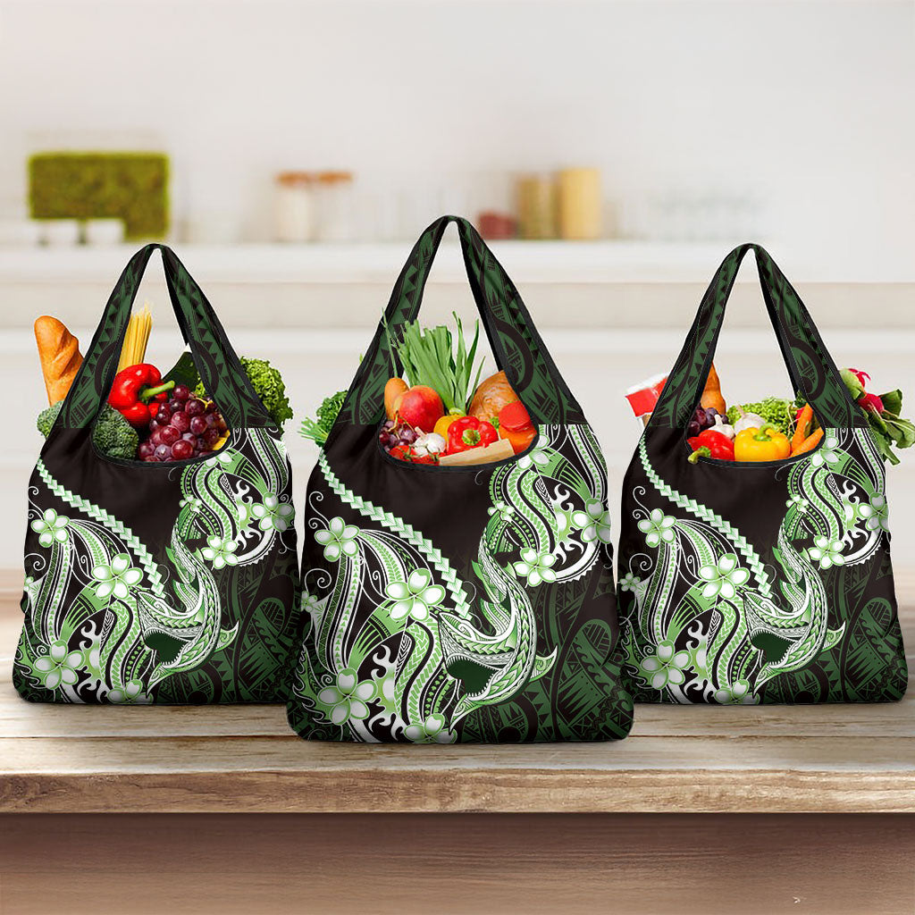 Green Black Aloha Hawaii Grocery Bag Polynesian Shark Tattoo Plumeria LT14 3-pack One Size Green - Polynesian Pride