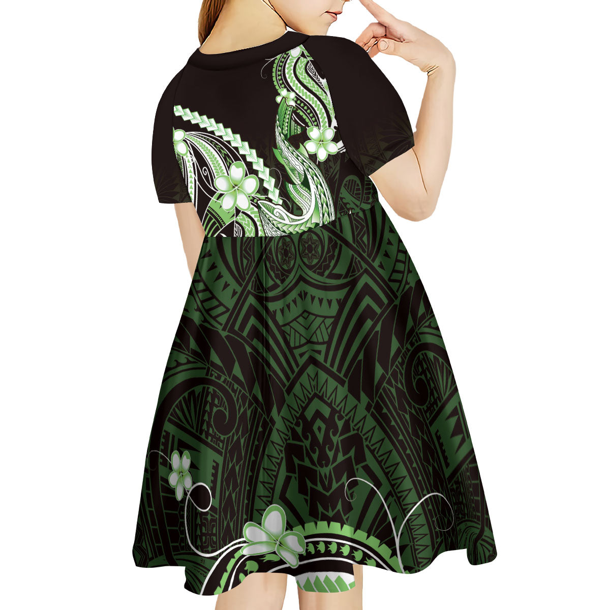 Green Black Aloha Hawaii Kid Short Sleeve Dress Polynesian Shark Tattoo Plumeria LT14 - Polynesian Pride