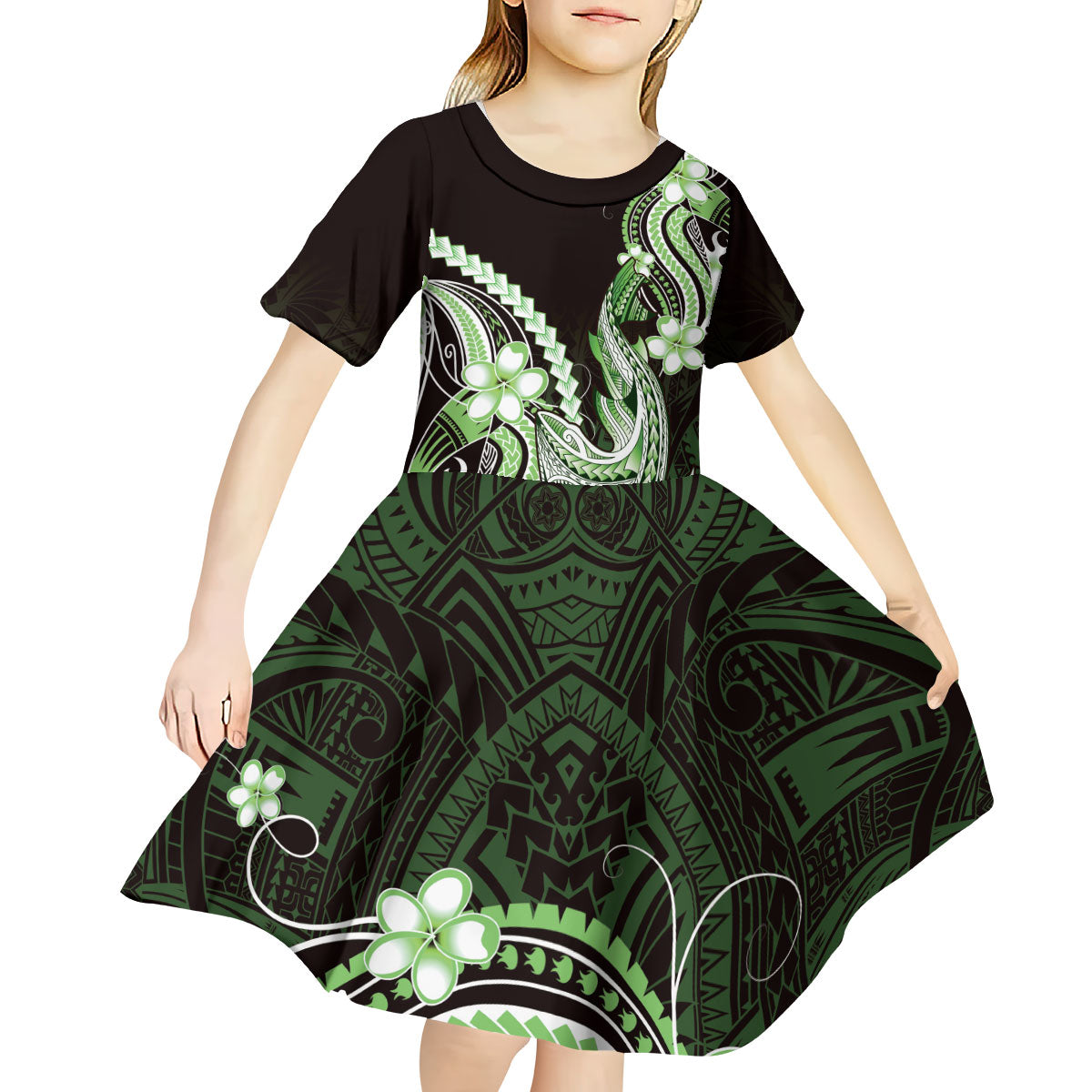 Green Black Aloha Hawaii Kid Short Sleeve Dress Polynesian Shark Tattoo Plumeria LT14 - Polynesian Pride