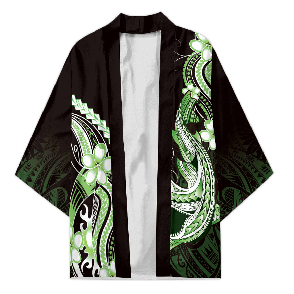 Green Black Aloha Hawaii Kimono Polynesian Shark Tattoo Plumeria LT14 Unisex Green - Polynesian Pride