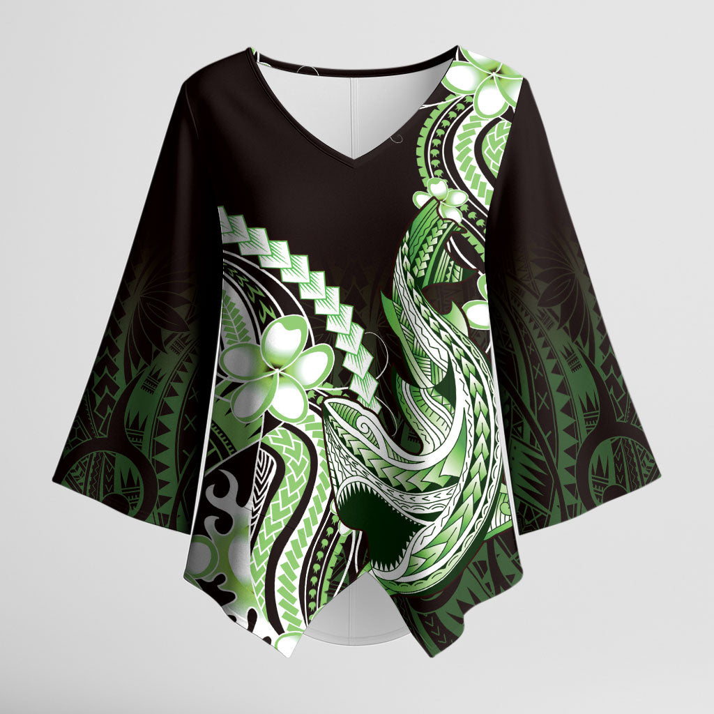 Green Black Aloha Hawaii Kimono Sleeve Blouse Polynesian Shark Tattoo Plumeria LT14 Female Green - Polynesian Pride