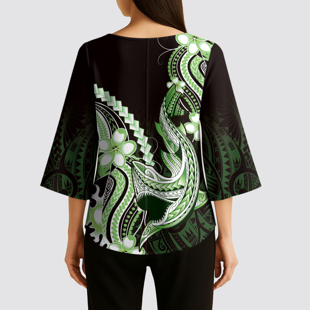 Green Black Aloha Hawaii Kimono Sleeve Blouse Polynesian Shark Tattoo Plumeria
