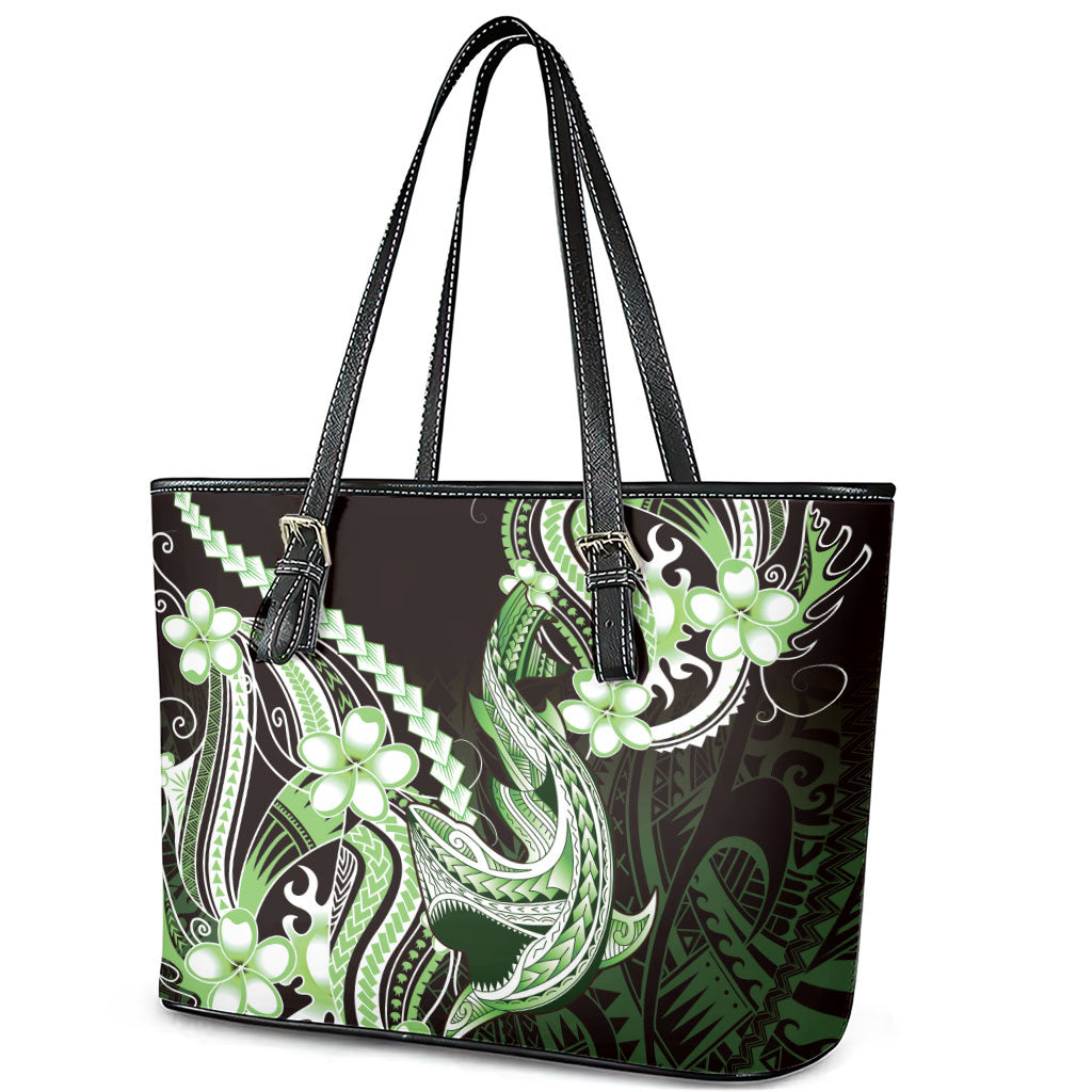Green Black Aloha Hawaii Leather Tote Bag Polynesian Shark Tattoo Plumeria