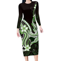 Green Black Aloha Hawaii Long Sleeve Bodycon Dress Polynesian Shark Tattoo Plumeria LT14 Long Dress Green - Polynesian Pride