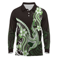 Green Black Aloha Hawaii Long Sleeve Polo Shirt Polynesian Shark Tattoo Plumeria LT14 Green - Polynesian Pride