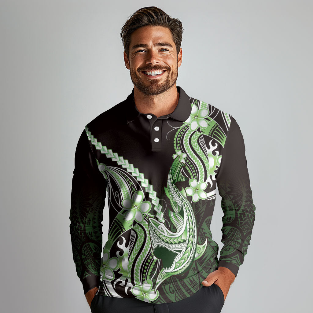 Green Black Aloha Hawaii Long Sleeve Polo Shirt Polynesian Shark Tattoo Plumeria LT14 - Polynesian Pride