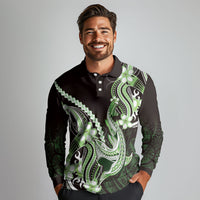 Green Black Aloha Hawaii Long Sleeve Polo Shirt Polynesian Shark Tattoo Plumeria LT14 - Polynesian Pride
