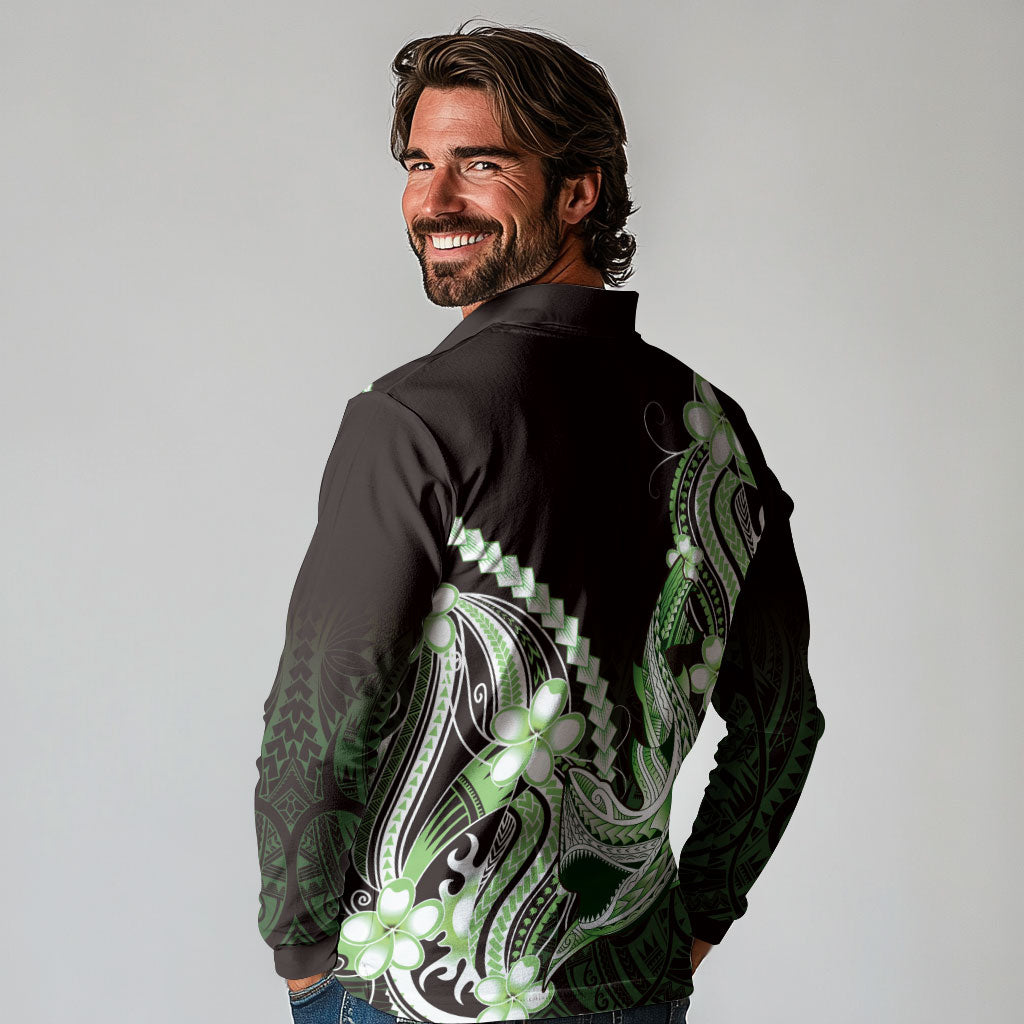 Green Black Aloha Hawaii Long Sleeve Polo Shirt Polynesian Shark Tattoo Plumeria LT14 - Polynesian Pride