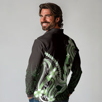 Green Black Aloha Hawaii Long Sleeve Polo Shirt Polynesian Shark Tattoo Plumeria LT14 - Polynesian Pride