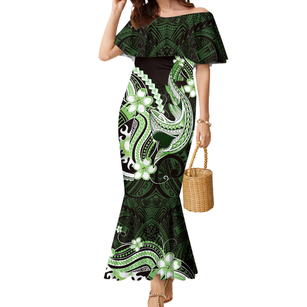 Green Black Aloha Hawaii Mermaid Dress Polynesian Shark Tattoo Plumeria