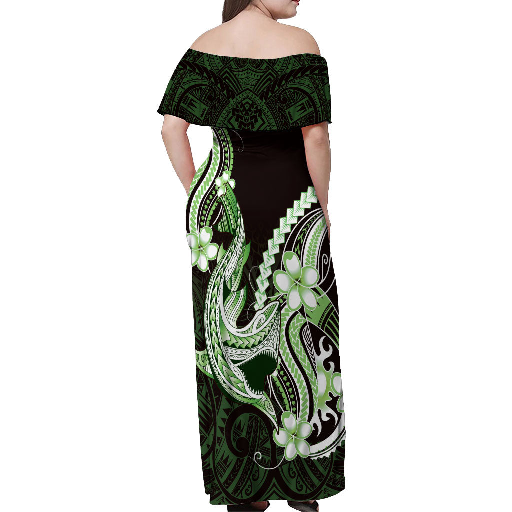 Green Black Aloha Hawaii Off Shoulder Maxi Dress Polynesian Shark Tattoo Plumeria