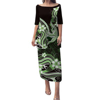 Green Black Aloha Hawaii Puletasi Polynesian Shark Tattoo Plumeria