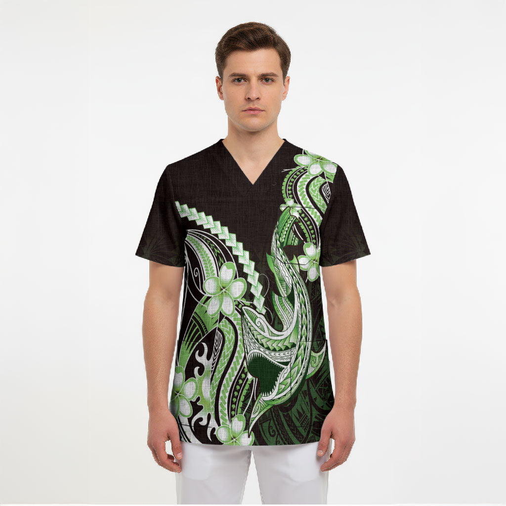 Green Black Aloha Hawaii Scrub Top Polynesian Shark Tattoo Plumeria