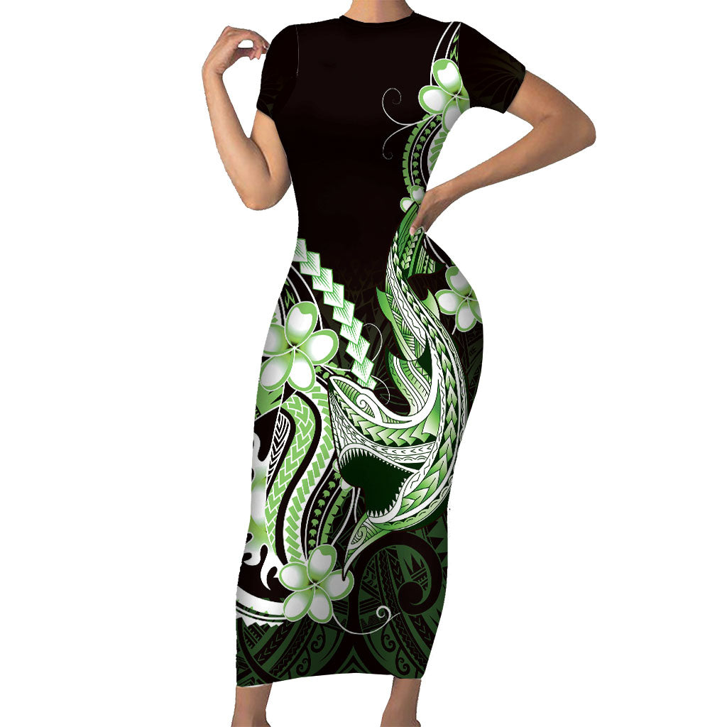 Green Black Aloha Hawaii Short Sleeve Bodycon Dress Polynesian Shark Tattoo Plumeria LT14 Long Dress Green - Polynesian Pride