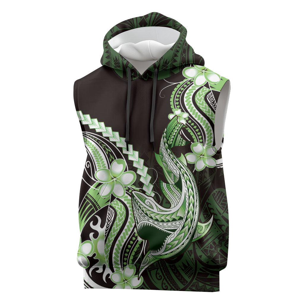 Green Black Aloha Hawaii Sleeveless Hoodie Polynesian Shark Tattoo Plumeria