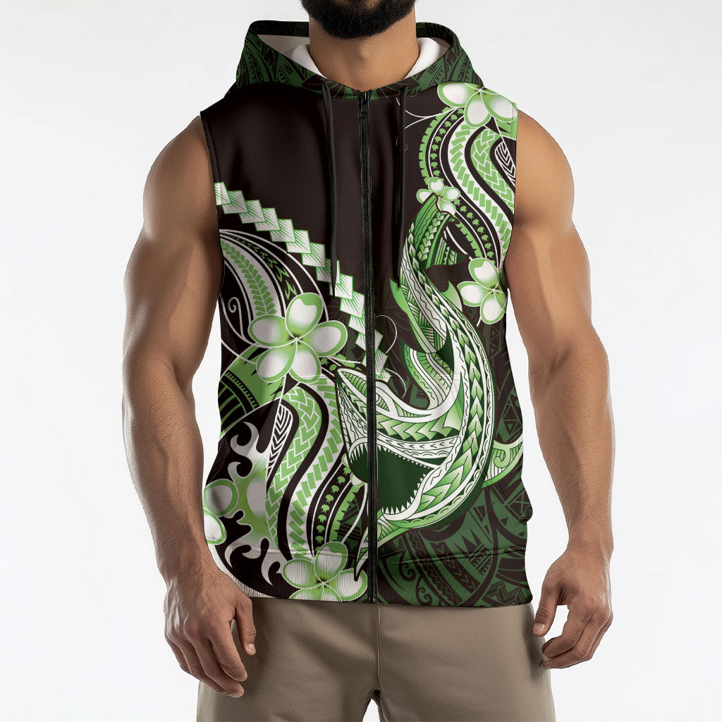 Green Black Aloha Hawaii Sleeveless Zip Hoodie Polynesian Shark Tattoo Plumeria LT14 - Polynesian Pride