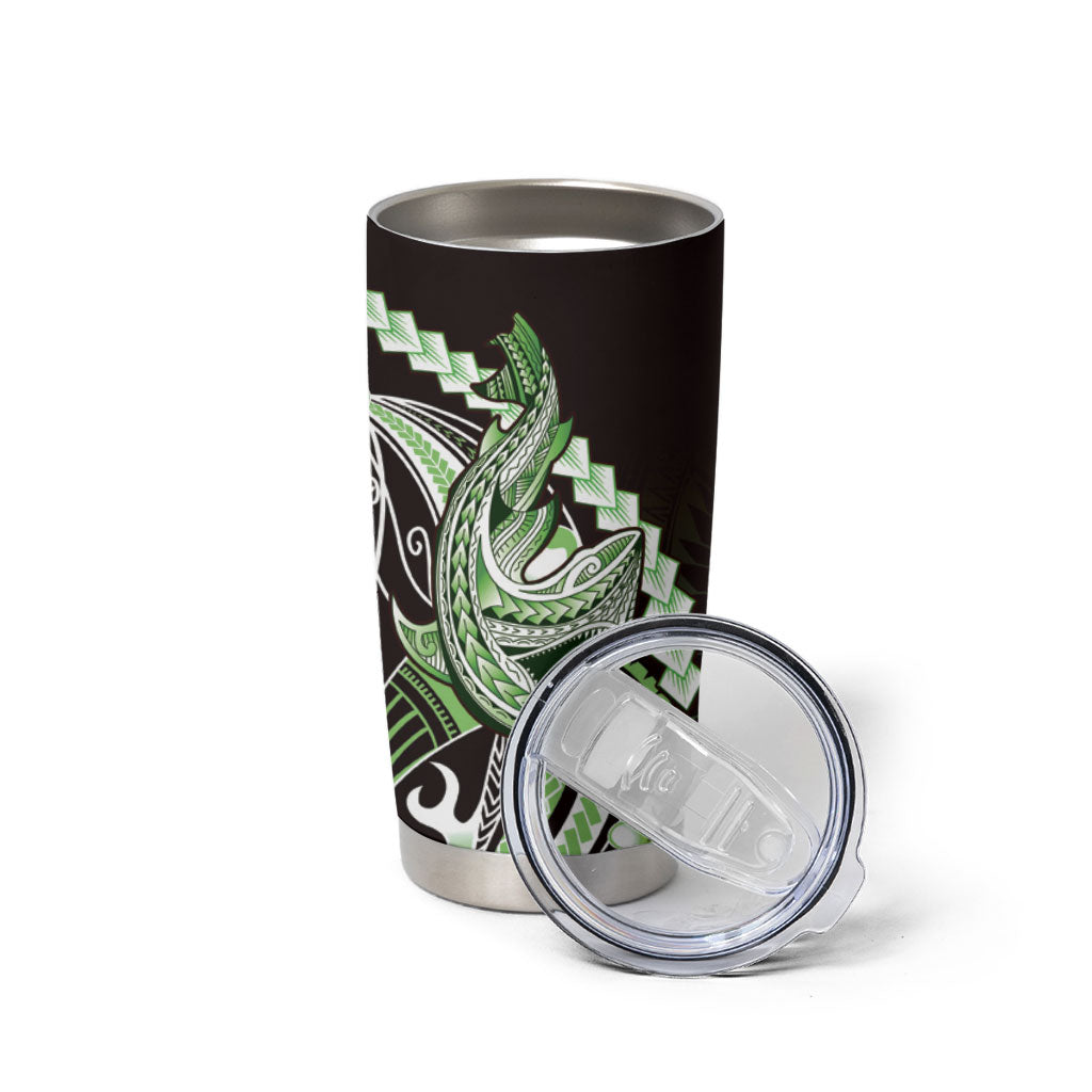 Green Black Aloha Hawaii Tumbler Cup Polynesian Shark Tattoo Plumeria
